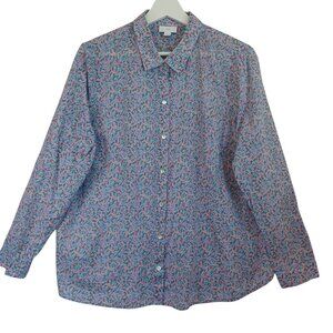 J Jill Blouse Ditsy Floral Print Pink Blue Classic Collared Long Sleeves Pet Lrg